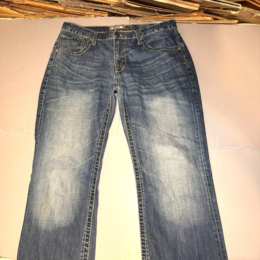 BKE Jeans Derek Mens 36L 35 33 Faded Whiskered Denim Blue